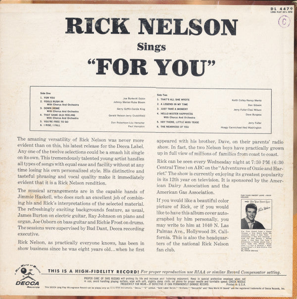 Rick Nelson* - Rick Nelson Sings "For You" - LP
