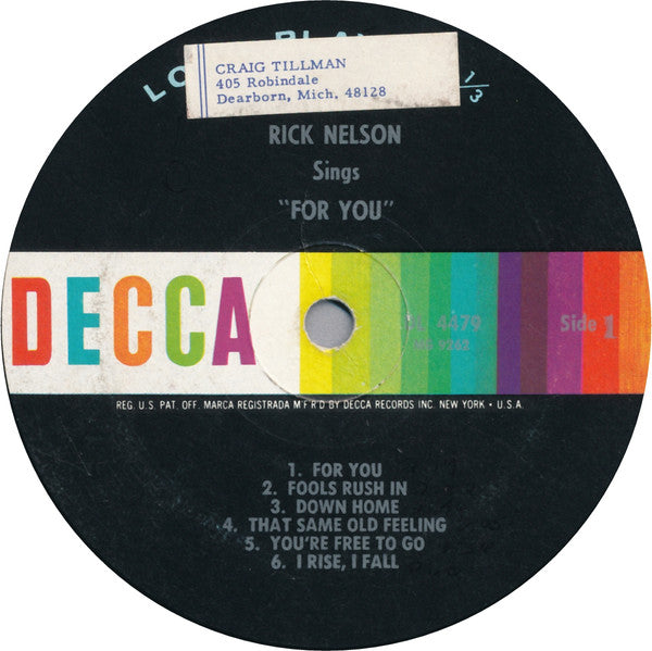 Rick Nelson* - Rick Nelson Sings "For You" - LP