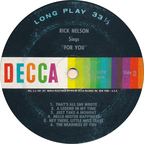Rick Nelson* - Rick Nelson Sings "For You" - LP