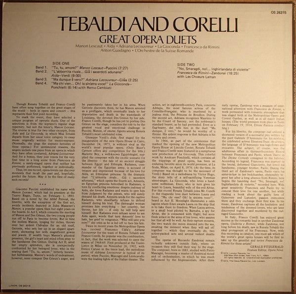 Renata Tebaldi, Franco Corelli, L'Orchestre De La Suisse Romande, Anton Guadagno - Tebaldi and Corelli, Great Opera Duets - LP