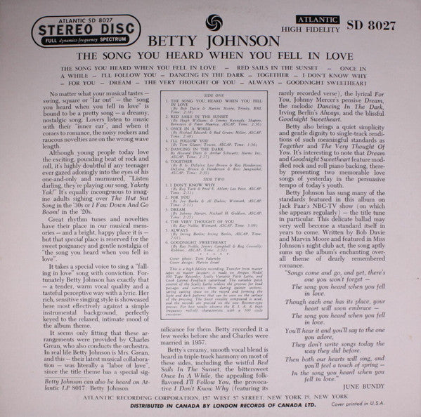 Betty Johnson - The Song You Heard When You Fell In Love . . . - LP