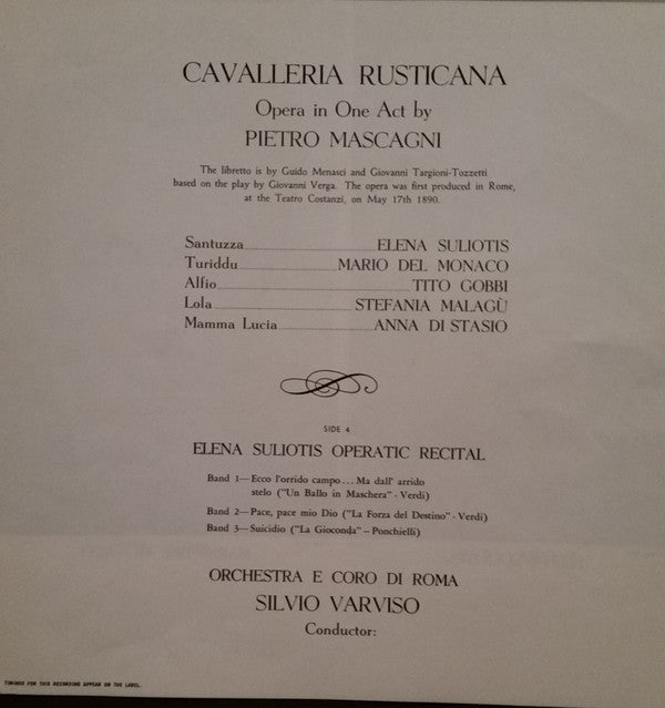 Mascagni*, Suliotis*, Del Monaco*, Gobbi*, Orchestra* E Coro Di Roma, Varviso* - Cavalleria Rusticana / Elena Suliotis Operatic Recital - LP
