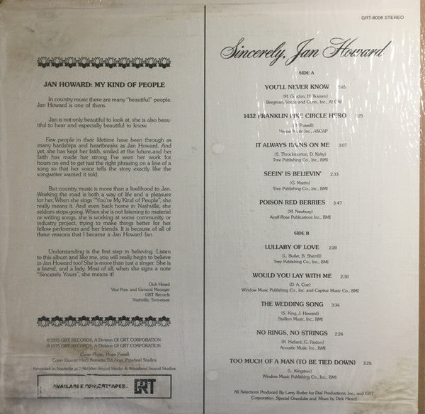 Jan Howard - Sincerely, Jan Howard - LP