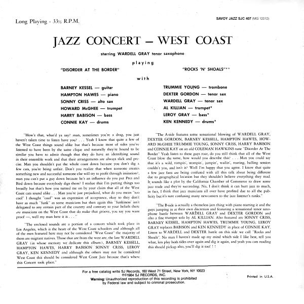 Dexter Gordon, Wardell Gray, Sonny Criss, Hampton Hawes, Barney Kessel, Howard McGhee, Al Killian - Jazz Concert - West Coast - LP