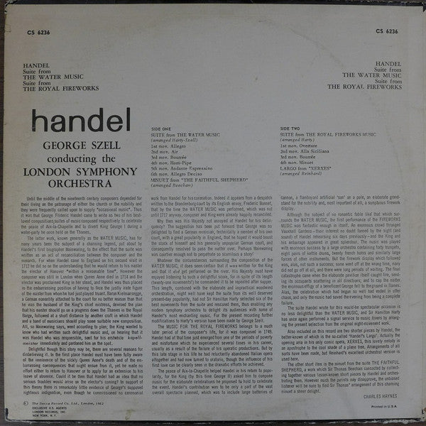 Handel* - George Szell Conducting The London Symphony Orchestra* - The Water Music / The Royal Fireworks - LP