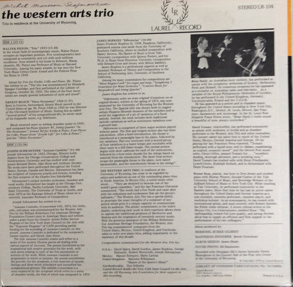 The Western Arts Trio - Performs Walter Piston, Ernest Bloch, Joseph Schwantner, James Hopkins - LP