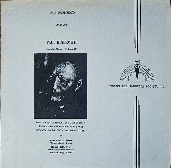 Paul Hindemith, Dieter Klöcker, Werner Genuit / Michael Kühn, Ernst Prappacher / Richard Laugs - Chamber Music • Volume IV (Sonata For Clarinet And Piano / Sonata For Oboe And Piano / Sonata For Bassoon And Piano) - LP