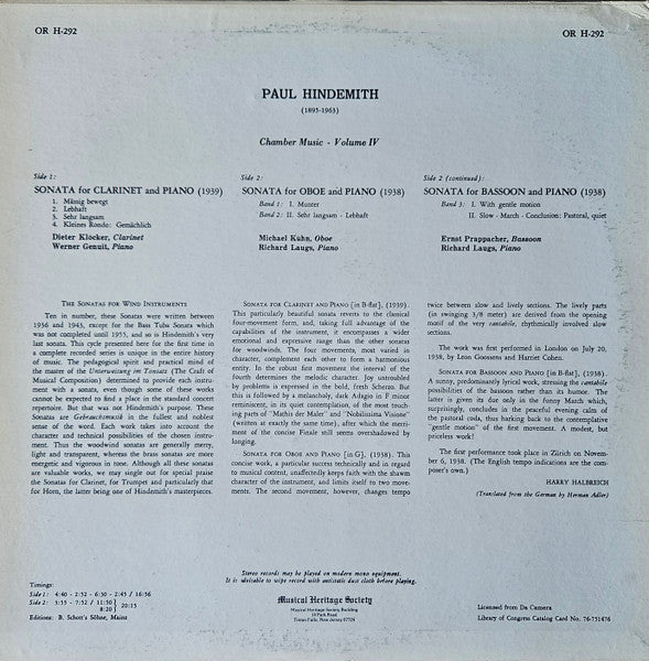 Paul Hindemith, Dieter Klöcker, Werner Genuit / Michael Kühn, Ernst Prappacher / Richard Laugs - Chamber Music • Volume IV (Sonata For Clarinet And Piano / Sonata For Oboe And Piano / Sonata For Bassoon And Piano) - LP