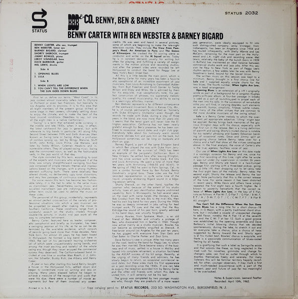 Benny Carter With Ben Webster & Barney Bigard - Benny, Ben & Barney - LP