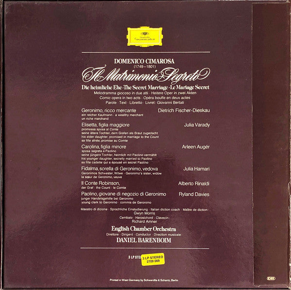 Domenico Cimarosa, Arleen Auger, Julia Hamari, Iulia Várady, Ryland Davies, Dietrich Fischer-Dieskau, Alberto Rinaldi, English Chamber Orchestra, Daniel Barenboim - Il Matrimonio Segreto (The Secret Marriage) - LP