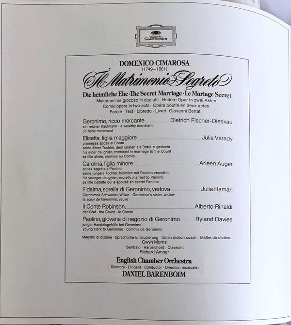 Domenico Cimarosa, Arleen Auger, Julia Hamari, Iulia Várady, Ryland Davies, Dietrich Fischer-Dieskau, Alberto Rinaldi, English Chamber Orchestra, Daniel Barenboim - Il Matrimonio Segreto (The Secret Marriage) - LP