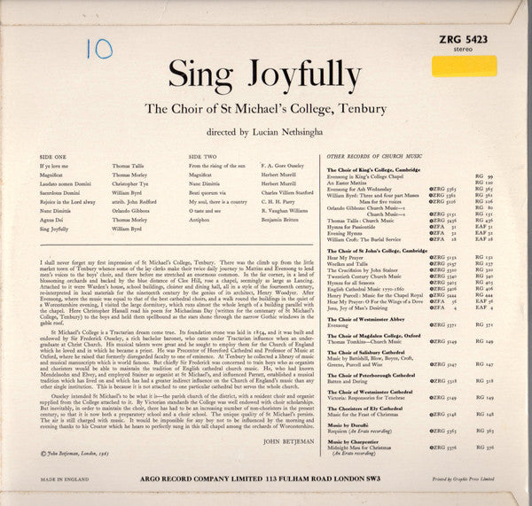 The Choir Of St Michael's College, Tenbury Directed By Lucian Nethsingha - Sing Joyfully - LP