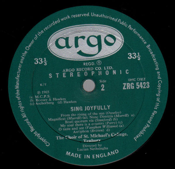 The Choir Of St Michael's College, Tenbury Directed By Lucian Nethsingha - Sing Joyfully - LP