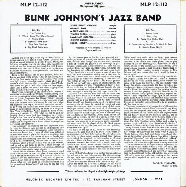 Bunk Johnson And His New Orleans Jazz Band* - Bunk Johnson's Jazz Band - LP