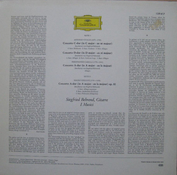 Siegfried Behrend, Antonio Vivaldi, Ferdinando Carulli, Mauro Giuliani  - Altitalienische Gitarrenkonzerte - LP