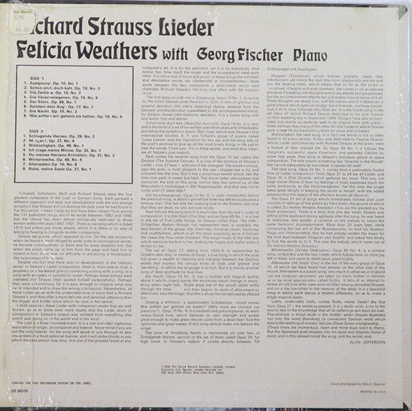 Richard Strauss, Felicia Weathers With Georg Fischer - Richard Strauss Lieder - LP