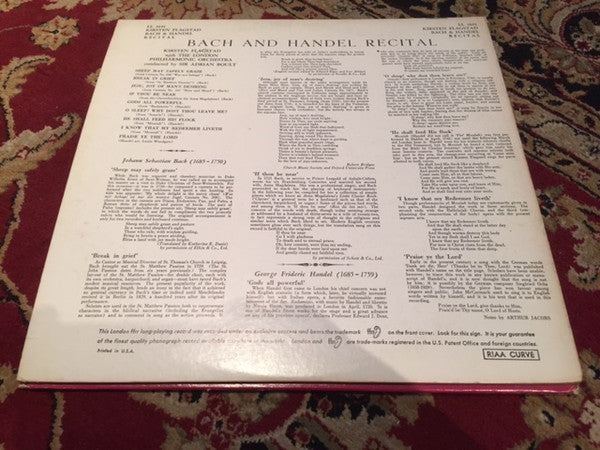 Kirsten Flagstad, The London Philharmonic Orchestra* Conducted By Sir Adrian Boult - Bach And Handel Recital - LP