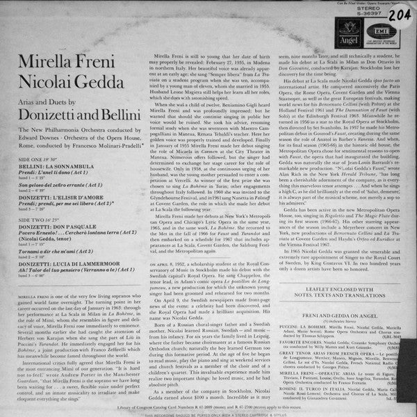 Mirella Freni, Nicolai Gedda, New Philharmonia Orchestra, Orchestra Del Teatro Dell'Opera Di Roma - Donizetti & Bellini Arias and Duets - LP