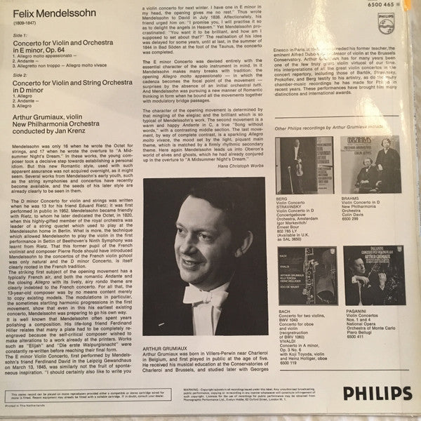 Mendelssohn* - Arthur Grumiaux, New Philharmonia Orchestra, Jan Krenz - Violin Concertos In E Minor & D Minor - LP