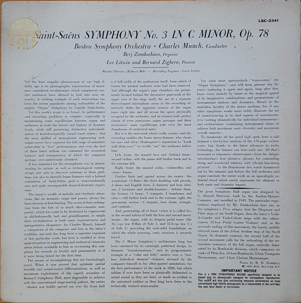 Saint-Saëns*, Boston Symphony* / Munch* - A Hi-Fi Spectacular! / Symphony No. 3 - LP