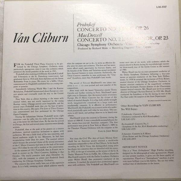 Van Cliburn, Chicago Symphony Orchestra, Walter Hendl, Prokofieff* / MacDowell* - Concerto No. 3 / Concerto No. 2 - LP