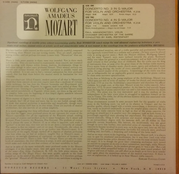 Wolfgang Amadeus Mozart - Paul Makanowitzky Violin Chamber Orchestra Of The Sarre* Conducted By Karl Ristenpart - Concerto No. 3 In G Major For Violin And Orchestra K. 216 / Concerto No. 4 In D Major For Violin And Orchestra K. 218 - LP