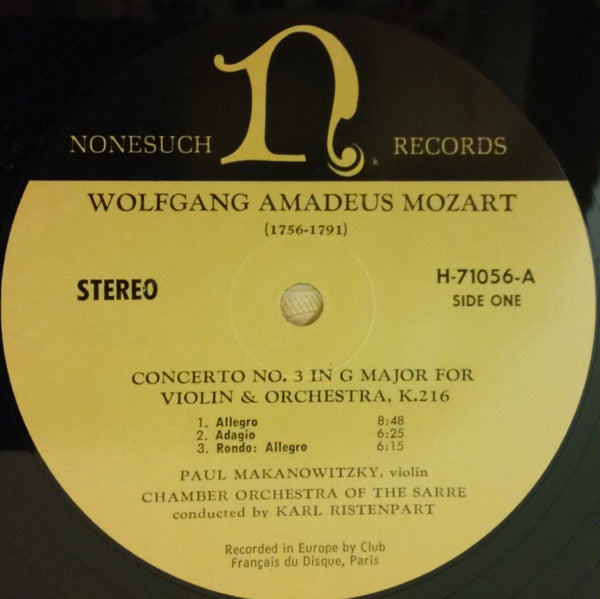 Wolfgang Amadeus Mozart - Paul Makanowitzky Violin Chamber Orchestra Of The Sarre* Conducted By Karl Ristenpart - Concerto No. 3 In G Major For Violin And Orchestra K. 216 / Concerto No. 4 In D Major For Violin And Orchestra K. 218 - LP