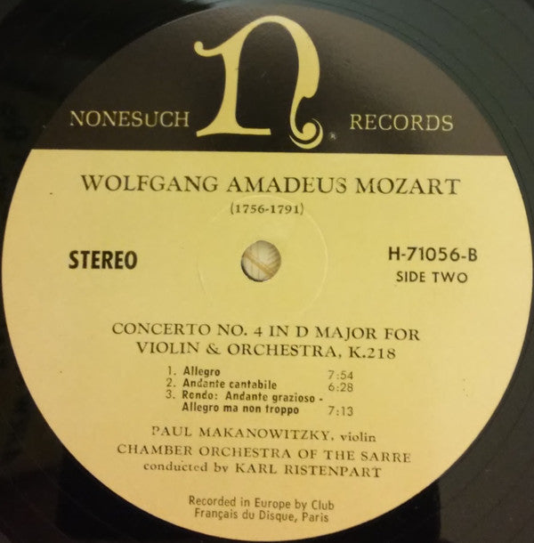 Wolfgang Amadeus Mozart - Paul Makanowitzky Violin Chamber Orchestra Of The Sarre* Conducted By Karl Ristenpart - Concerto No. 3 In G Major For Violin And Orchestra K. 216 / Concerto No. 4 In D Major For Violin And Orchestra K. 218 - LP