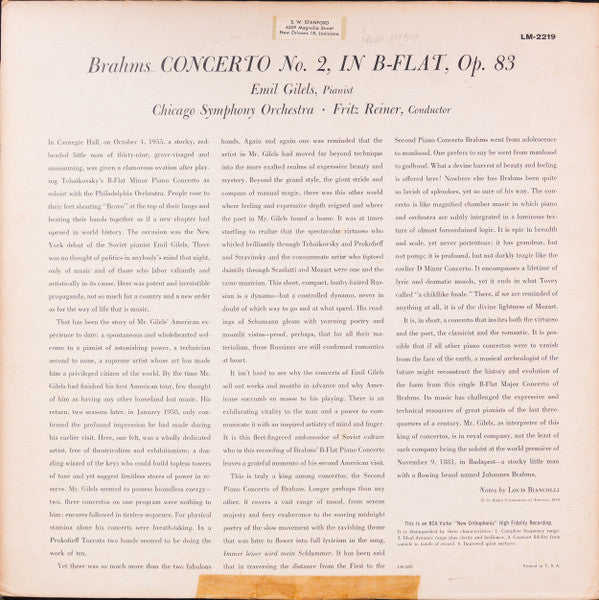 Brahms* - Reiner*, Chicago Symphony*, Gilels* - Brahms Concerto No.2 - LP