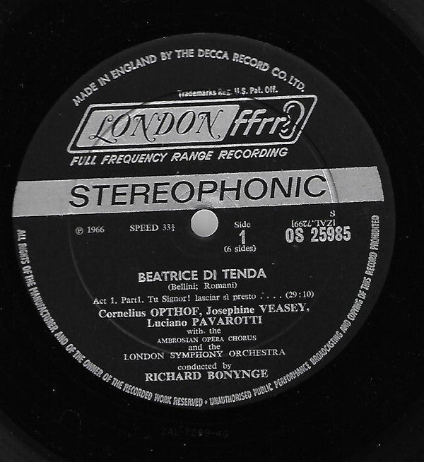 Bellini* - Joan Sutherland, Josephine Veasey, Luciano Pavarotti, Cornelius Opthof, London Symphony*, Richard Bonynge - Beatrice Di Tenda - LP