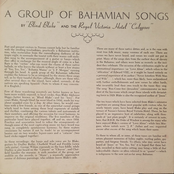 Blind Blake And His Royal Victoria Calypsos* - A Group Of Bahamian Songs - LP