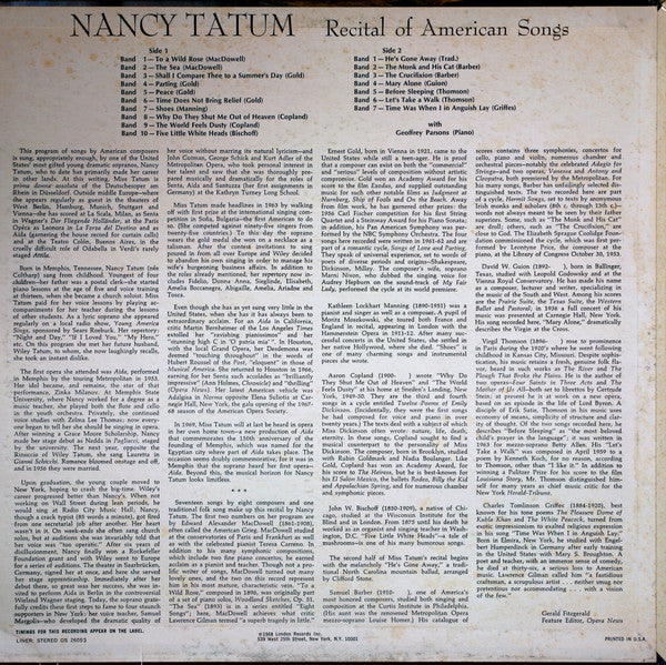 Nancy Tatum With Geoffrey Parsons  - Recital Of American Songs - LP