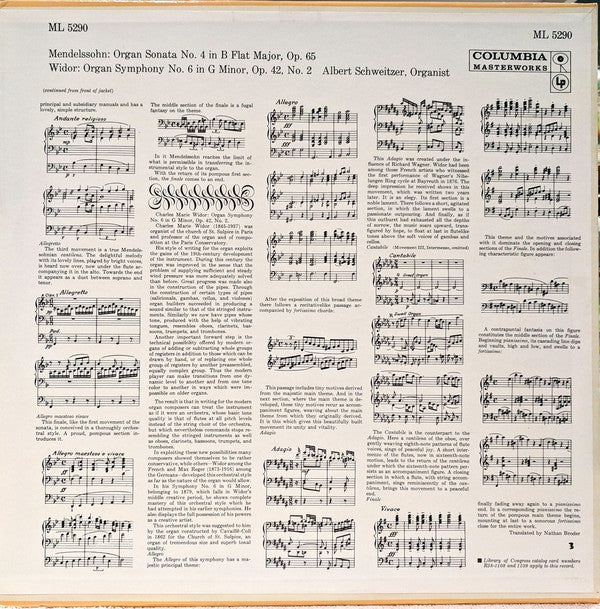Albert Schweitzer - Mendelssohn* / Widor* - Organ Sonata No. 4 In B Flat Major, Op. 65 / Organ Symphony No. 6 In G Minor, Op. 42, No. 2 - LP
