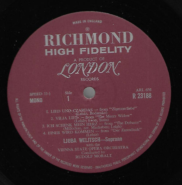 Ljuba Welitsch, The Vienna State Opera Orchestra*, Rudolf Moralt - Opera And Operetta Arias - LP