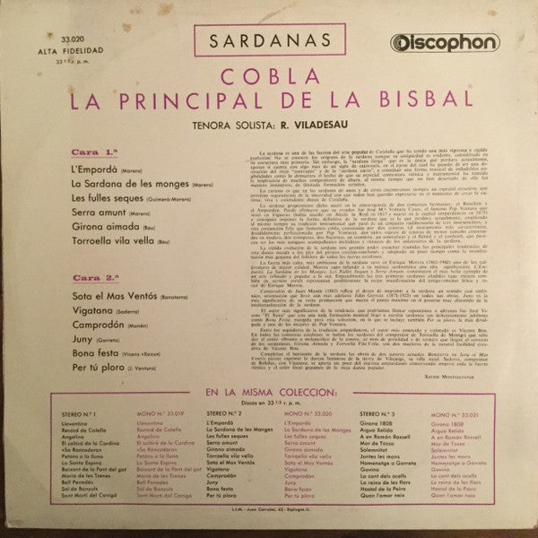 Cobla La Principal De La Bisbal · Tenora Solista: R. Viladesau* - Sardanas 2 - LP