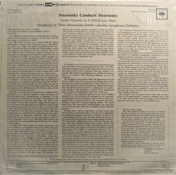 Stravinsky*, Isaac Stern, Columbia Symphony Orchestra - Stravinsky Conducts Stravinsky: Violin Concerto In D (1931) / Symphony In Three Movements (1945) - LP
