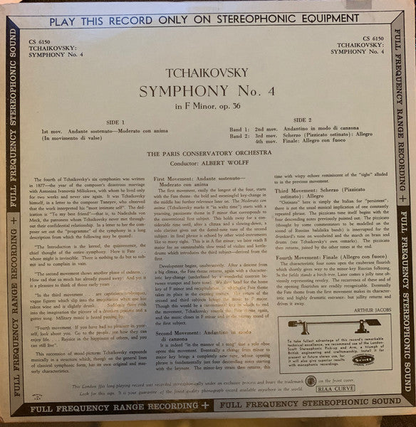 Tchaikovsky*, Wolff*, Paris Conservatoire Orchestra* - Symphony No. 4 in F Minor O.36 - LP