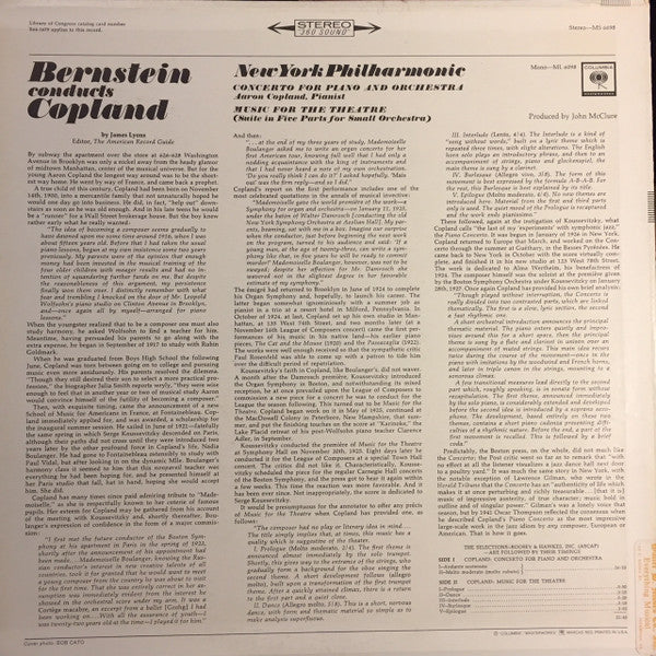 Bernstein* conducts Copland*, New York Philharmonic - Piano Concerto / Music For The Theatre - LP