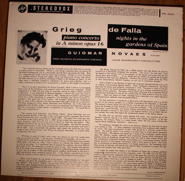 Guiomar Novaes, Pro Musica Symphony, Vienna*, Hans Swarowsky, Grieg*, De Falla* - Piano Concerto In A Minor Op. 16 / Nights In The Gardens Of Spain - LP