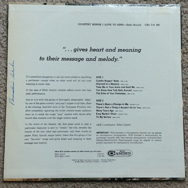 Eddy Arnold - Country Songs I Love To Sing - LP