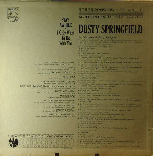 Dusty Springfield - Stay Awhile - I Only Want To Be With You - LP