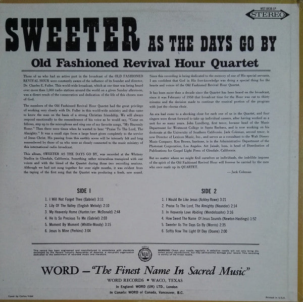 Old Fashioned Revival Hour Quartet - Sweeter As The Days Go By - LP