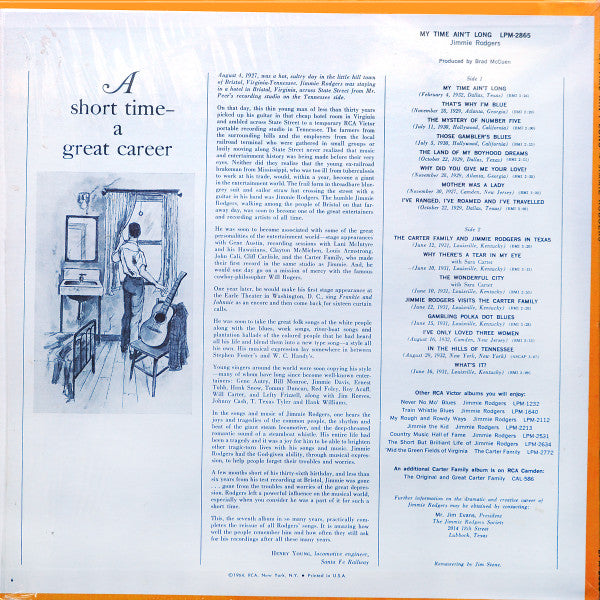 Jimmie Rodgers - My Time Ain't Long - LP