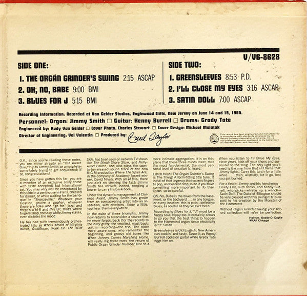 The Incredible Jimmy Smith* Featuring Kenny Burrell And Grady Tate - Organ Grinder Swing - LP