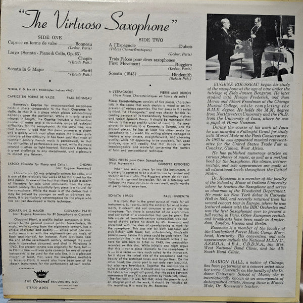 Eugene Rousseau - Plays Saxophone with Pianist Marion Hall Volume Two - LP