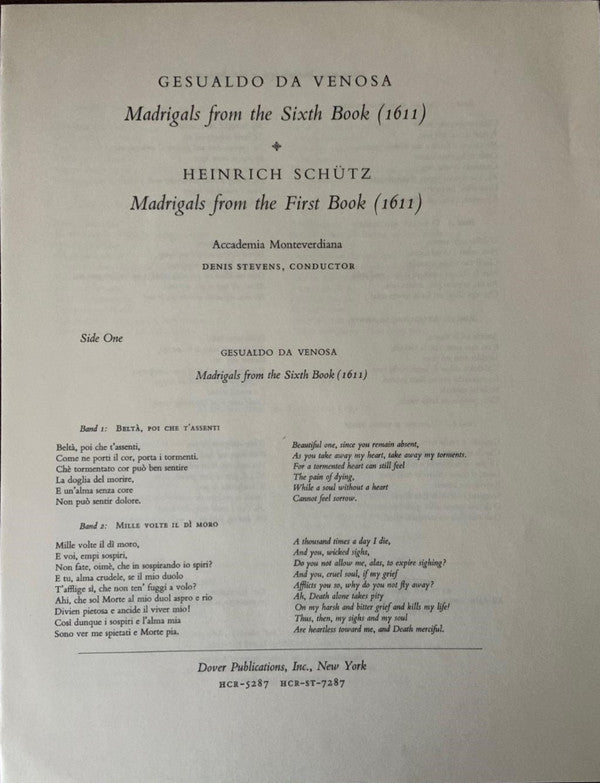 Gesualdo Da Venosa* - Accademia Monteverdiana - Madrigals from the Sixth Book - Schutz: Madrigals from the First Book - LP