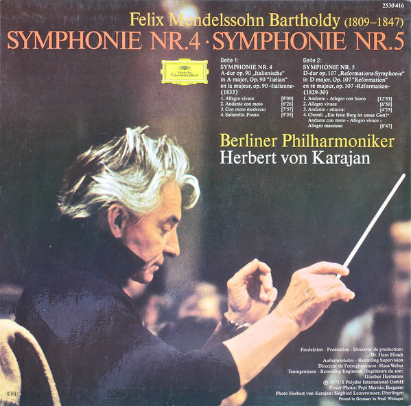 Felix Mendelssohn Bartholdy* — Berliner Philharmoniker · Herbert von Karajan - Symphonien Nr.4 »Italienische« · »Italian« · Nr.5 »Reformation« - LP