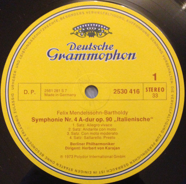 Felix Mendelssohn Bartholdy* — Berliner Philharmoniker · Herbert von Karajan - Symphonien Nr.4 »Italienische« · »Italian« · Nr.5 »Reformation« - LP