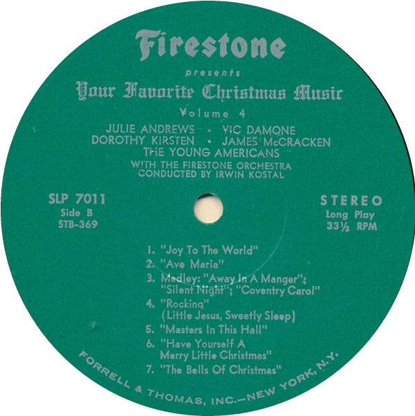 Irwin Kostal And The Firestone Orchestra Starring Julie Andrews • Vic Damone ••• Dorothy Kirsten • James McCracken, The Young Americans - Firestone Presents Your Favorite Christmas Music Volume 4 - LP