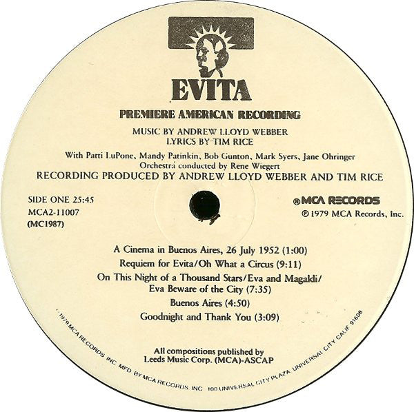 Andrew Lloyd Webber And Tim Rice - Evita: Premiere American Recording - LP